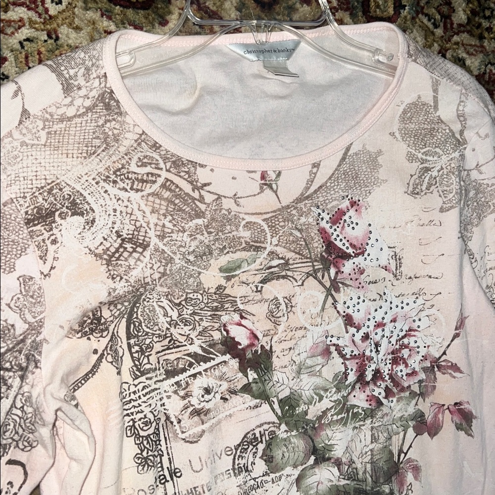 Christopher & Banks Pink Floral Script Long Sleeve Top - Picture 2 of 6